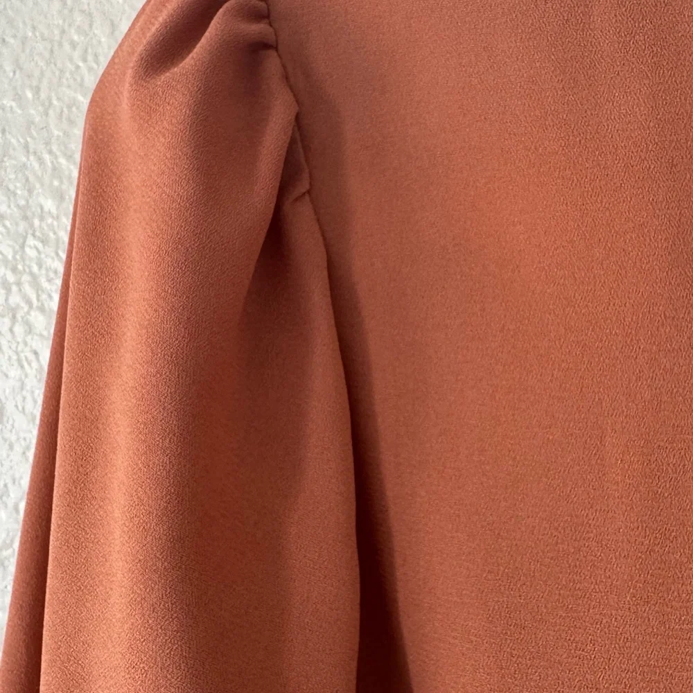 Nine West Rust Orange Long Sleeve Semi Sheer Tie Front Blouse - Picture 4 of 11